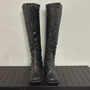Black Over the Knee Boots with Patent Leather Finish and Glittery Texture